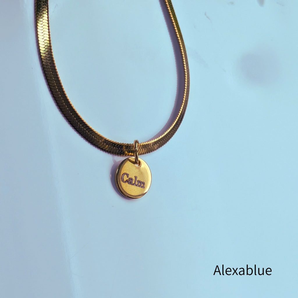 Calm & Glow | Affirmation Charm Necklace (Calm / Flow / Shine / Love) with Turquoise or Onyx, Stainless Steel