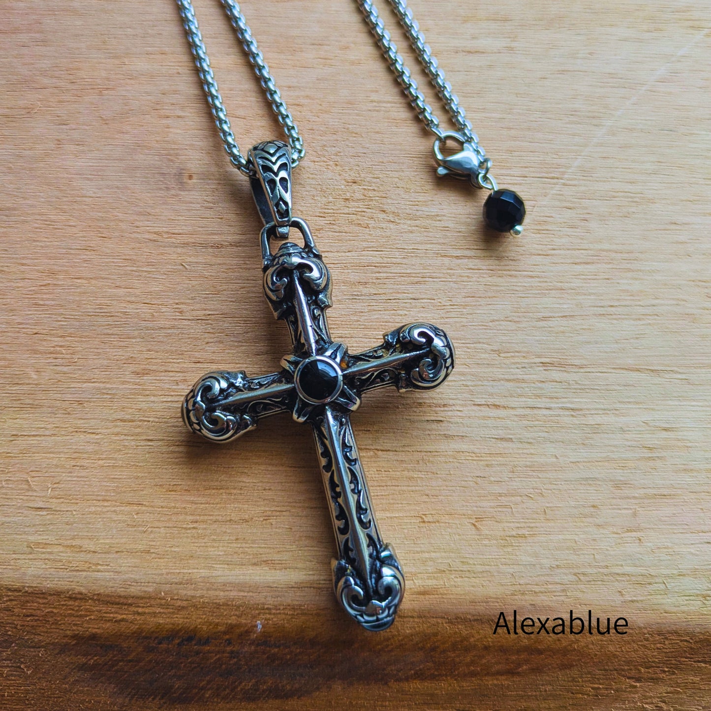 Vintage Style BIG Cross Charm x Onyx Stainless Steel Unisex Necklace - August Birthstone