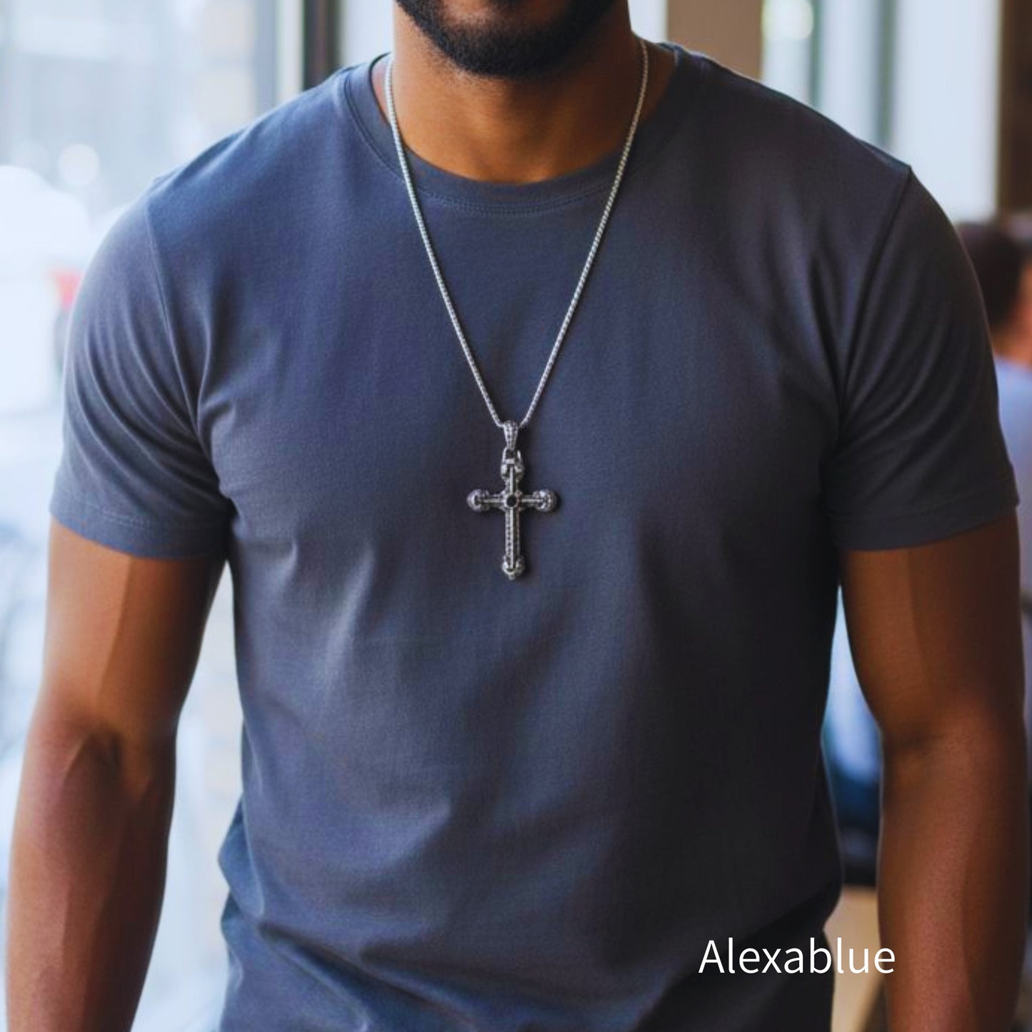 Vintage Style BIG Cross Charm x Onyx Stainless Steel Unisex Necklace - August Birthstone