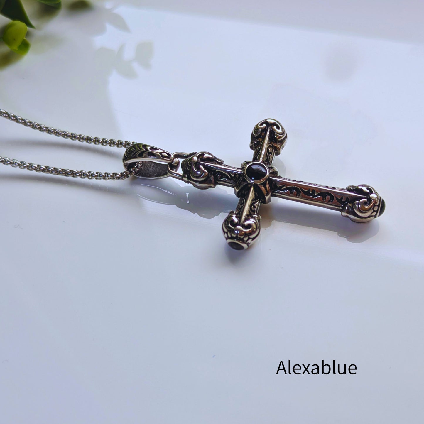 Vintage Style BIG Cross Charm x Onyx Stainless Steel Unisex Necklace - August Birthstone