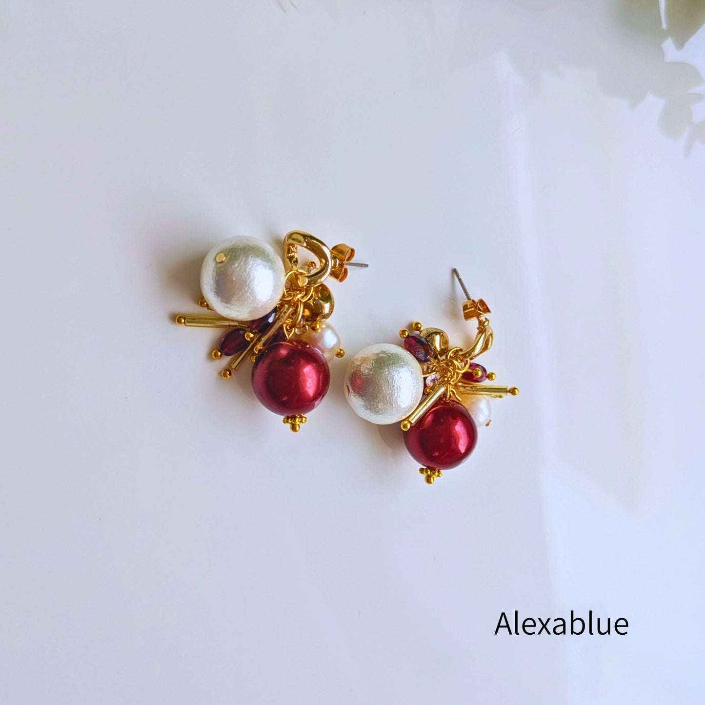 Garnet x Freshwater Pearl Christmas Jewelry Set | Red Pearl Bracelet & Large Earrings (Elegant Party Accessories)