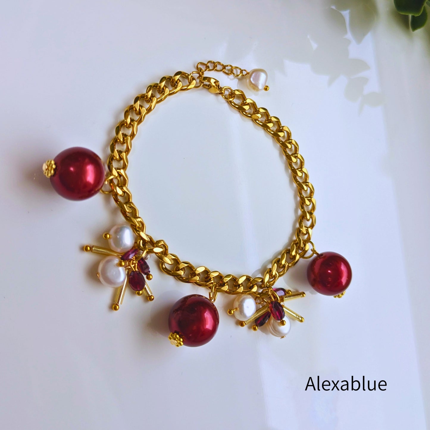 Garnet x Freshwater Pearl Christmas Jewelry Set | Red Pearl Bracelet & Large Earrings (Elegant Party Accessories)