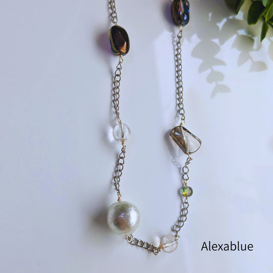 Shine & Serenity Cotton Pearl x Crystal Stainless Steel Necklace April Birthstone Jewelry for a Calm Mind