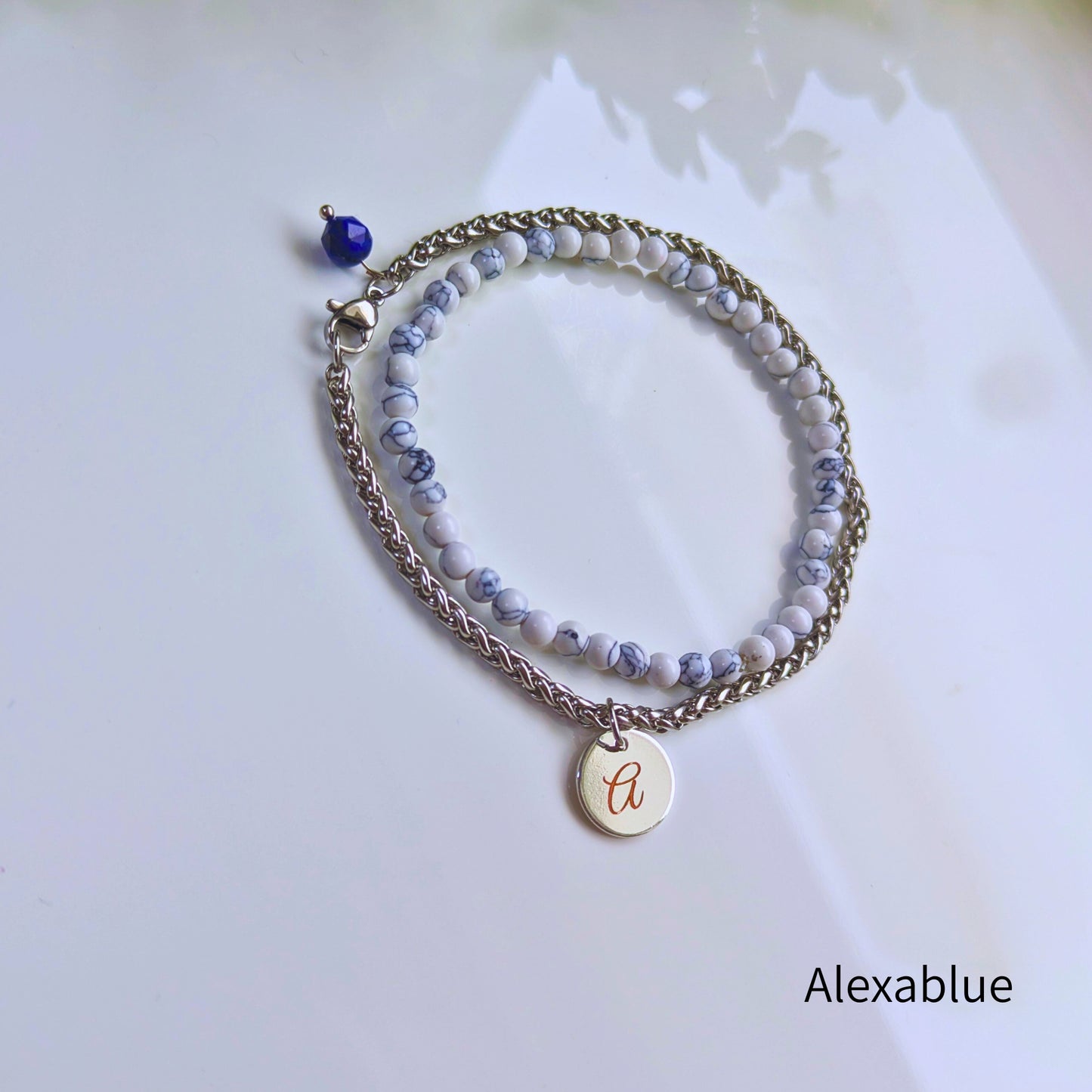 Howlite Pulse Chain Bracelet | Small Howlite x Stainless Steel Double Bracelet | Lapis Lazuli x Initial Charm of Your Choice