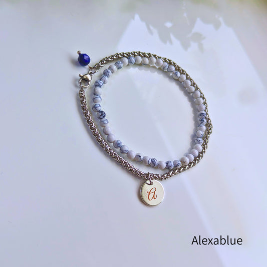 Howlite Pulse Chain Bracelet | Small Howlite x Stainless Steel Double Bracelet | Lapis Lazuli x Initial Charm of Your Choice