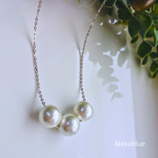 Holiday Pearl | Large Cotton Pearl 3-Stone Stainless Steel Necklace | Chic & Elegant, Perfect for Daily Wear & Parties