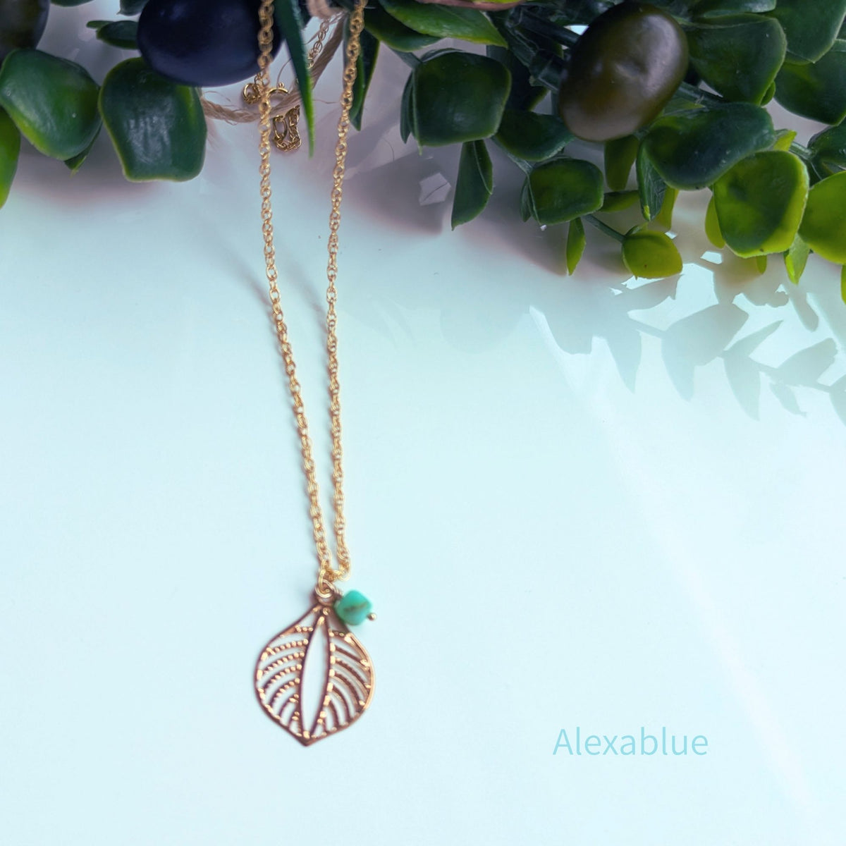 K14GF Rope Chain Necklace｜Chrysoprase & Leaf Charm