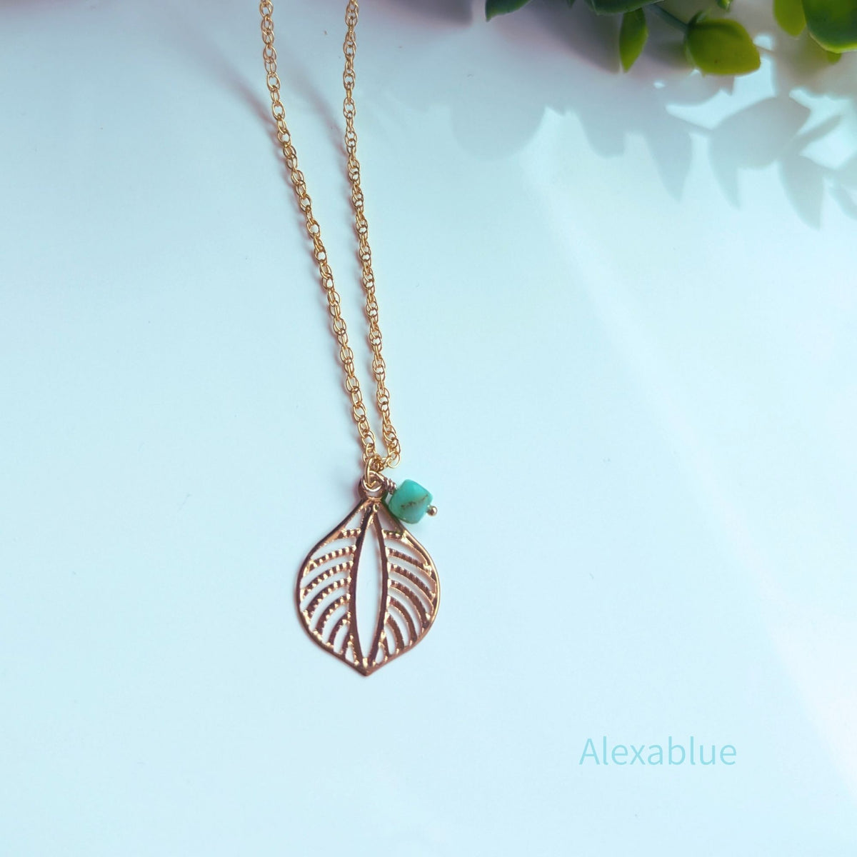 K14GF Rope Chain Necklace｜Chrysoprase & Leaf Charm