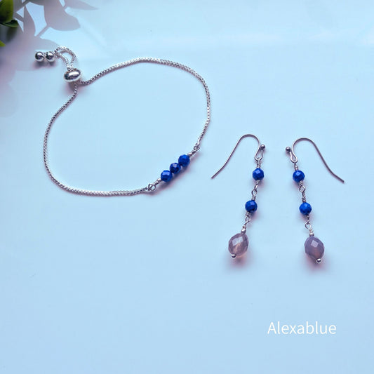 ラピスラズリ × グレーオニキス｜ピアス＆3粒ブレスレットセット｜深い青とくすみグレーの上品アクセサリー