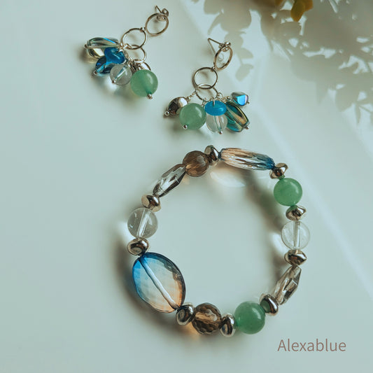 【Coordinate Set】アベンチュリン・スモーキークォーツ ボリュームジュエリー 2点セット｜ブレスレット＆ステンレスピアス［alexablue］