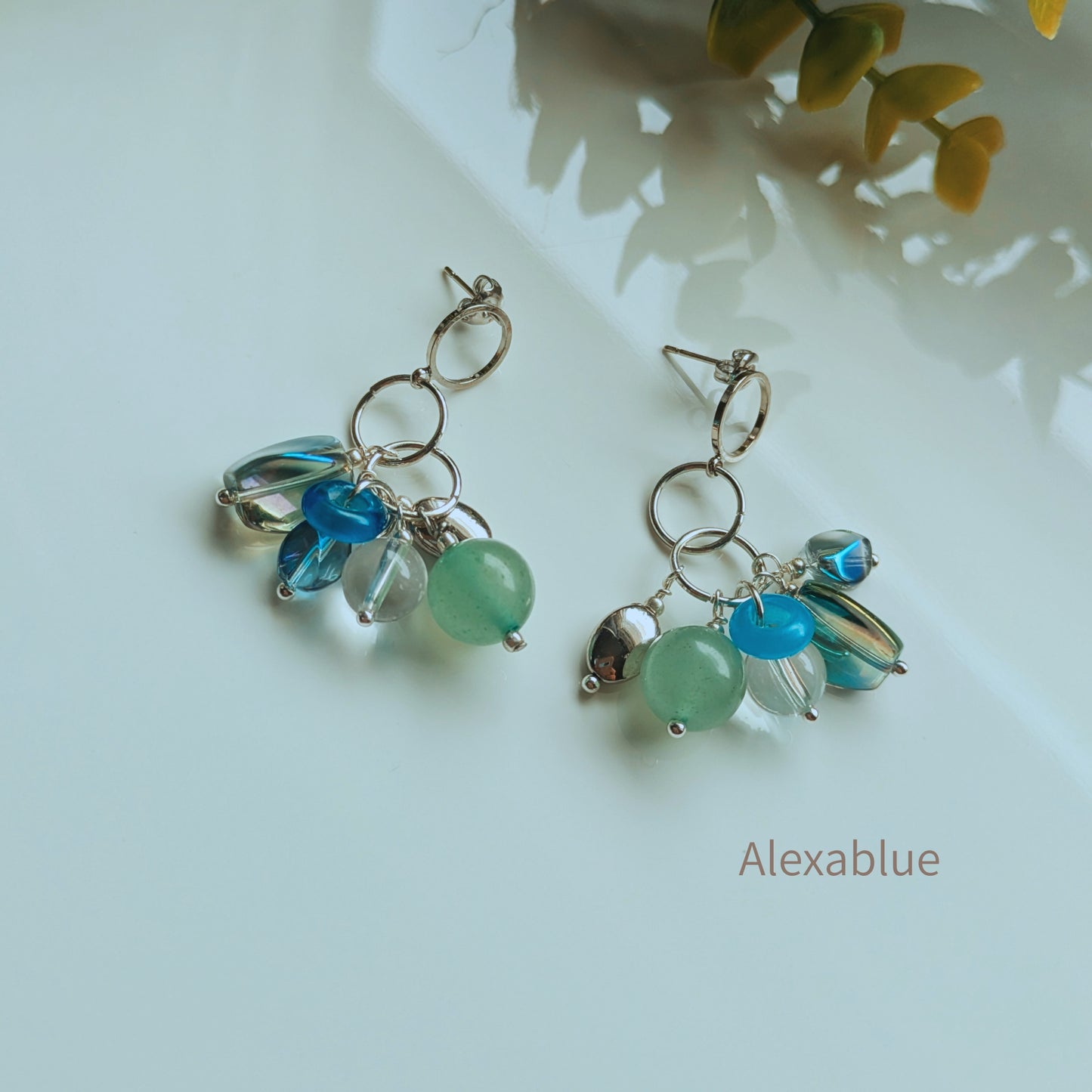 【Coordinate Set】アベンチュリン・スモーキークォーツ ボリュームジュエリー 2点セット｜ブレスレット＆ステンレスピアス［alexablue］