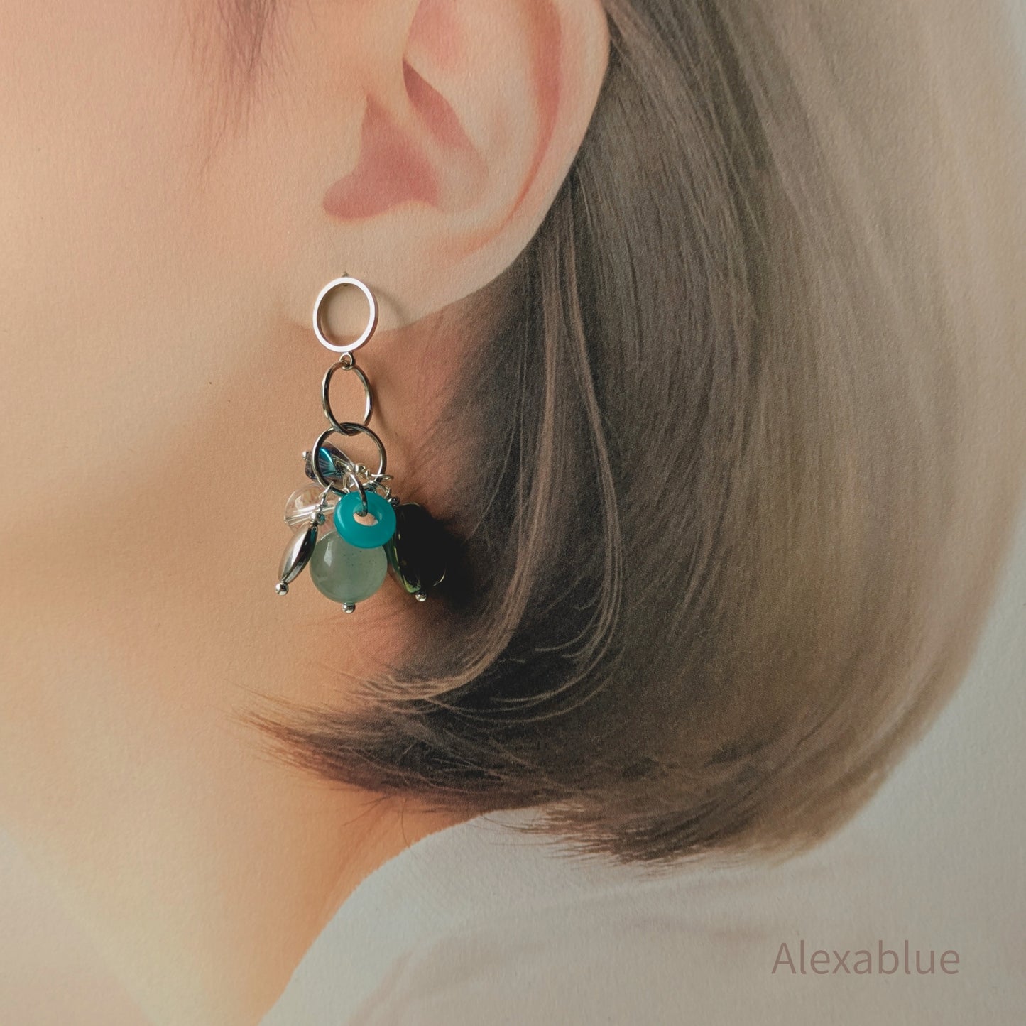 【Coordinate Set】アベンチュリン・スモーキークォーツ ボリュームジュエリー 2点セット｜ブレスレット＆ステンレスピアス［alexablue］