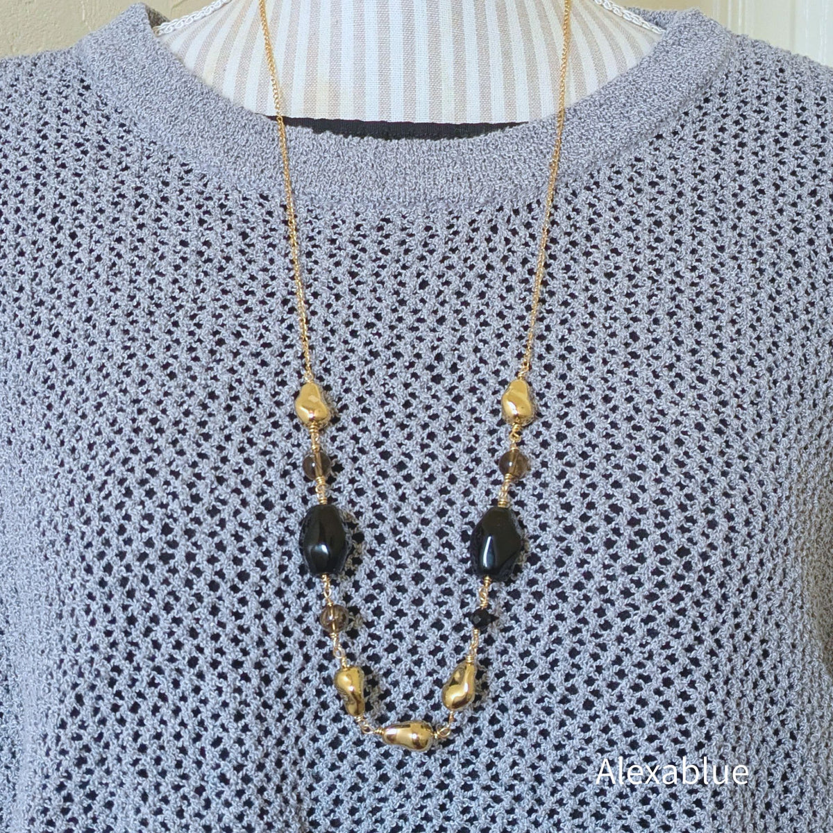 Onyx × Smoky Quartz Mode Long Necklace｜Black & Brown｜Stainless Chain