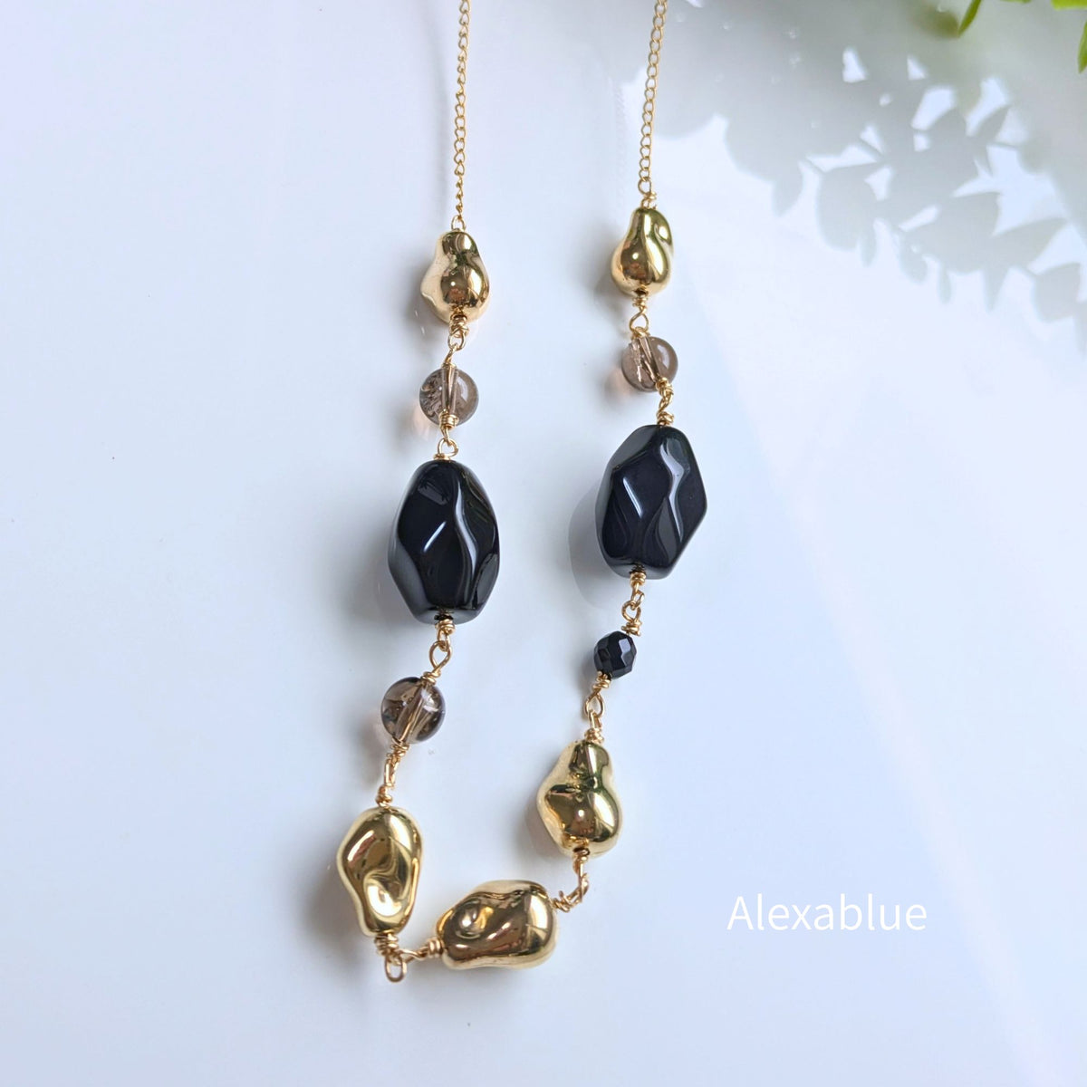Onyx × Smoky Quartz Mode Long Necklace｜Black & Brown｜Stainless Chain