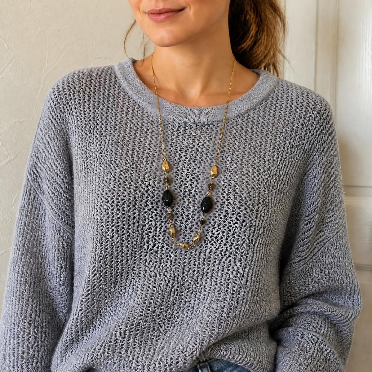 Onyx × Smoky Quartz Mode Long Necklace｜Black & Brown｜Stainless Chain