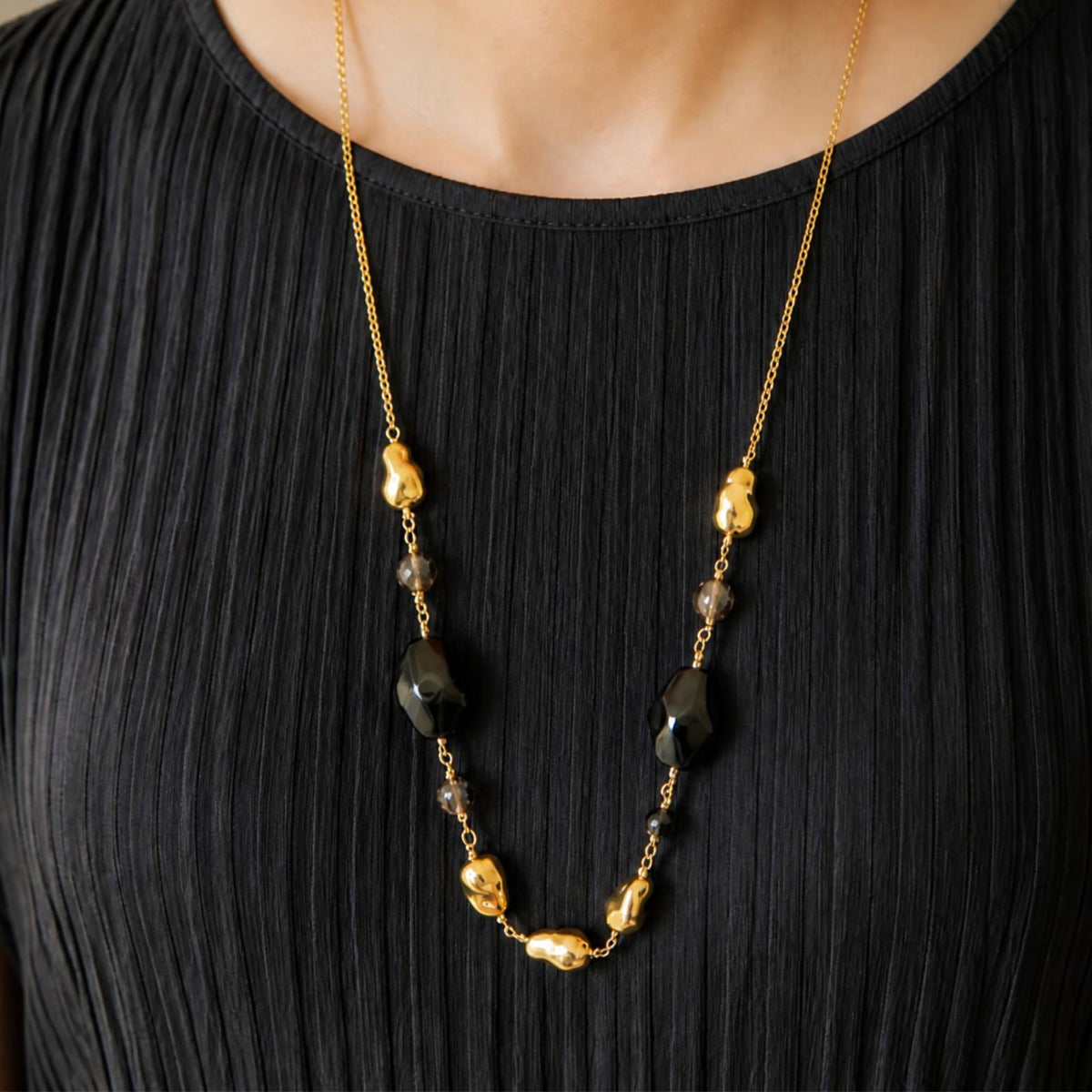 Onyx × Smoky Quartz Mode Long Necklace｜Black & Brown｜Stainless Chain