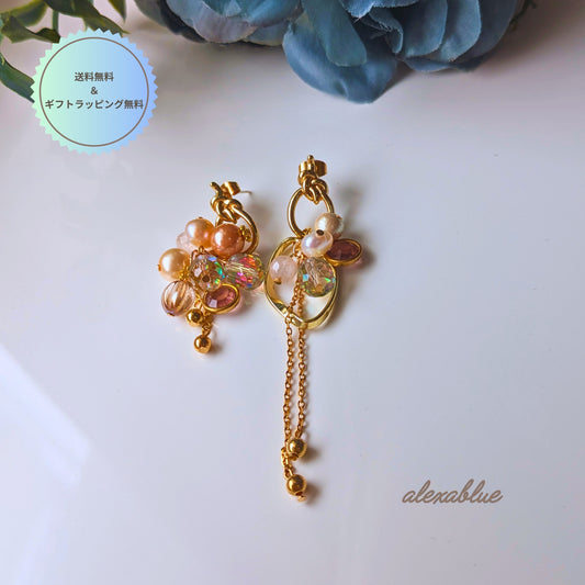 ローズクォーツとパールを組み合わせたアシンメトリーピアスの全体画像。Blooming Roseシリーズの上品なデザイン