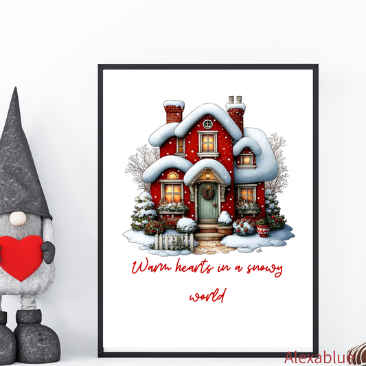 Snowy Red Cottage｜Christmas Poster of a Red House in the Snow｜Cute Winter Interior Art