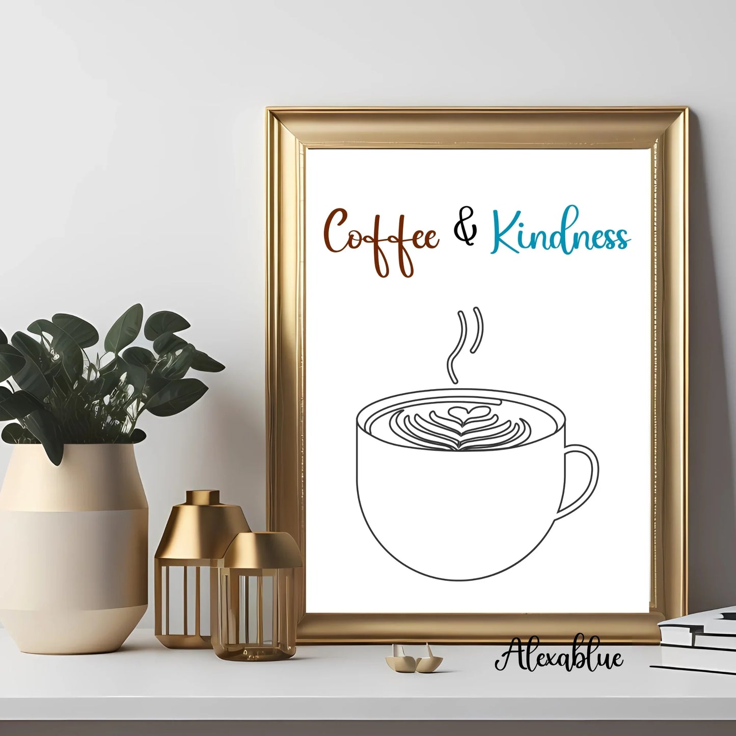 Framed minimalist coffee art print with 'Coffee & Kindness' quote on modern decor table.