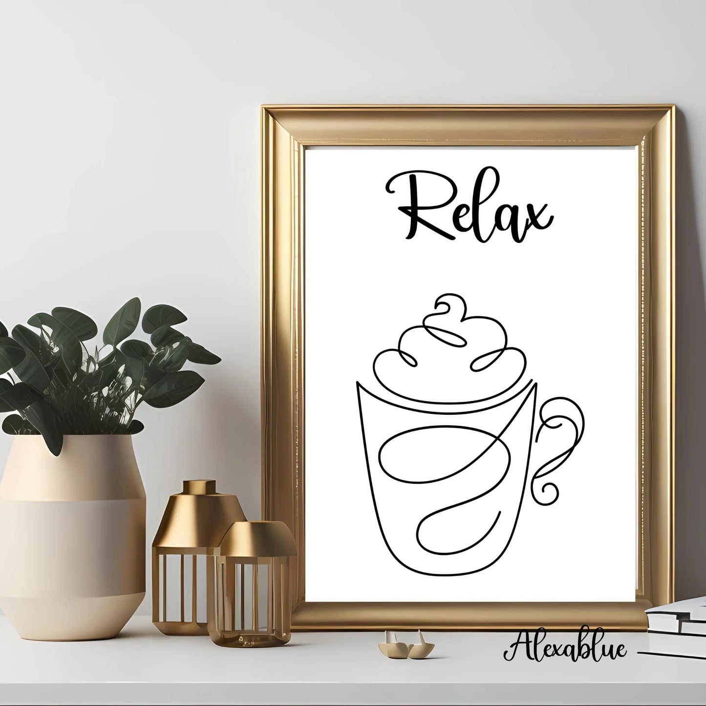 Minimalist coffee wall art in gold frame with Relax text, home decor with plant and candles