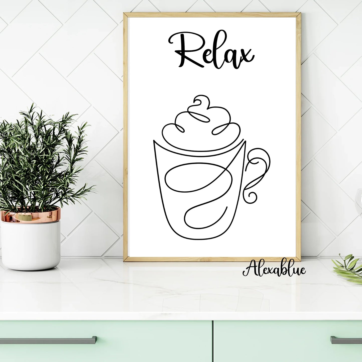 Relax coffee mug minimalist wall art on kitchen counter with potted plant decor