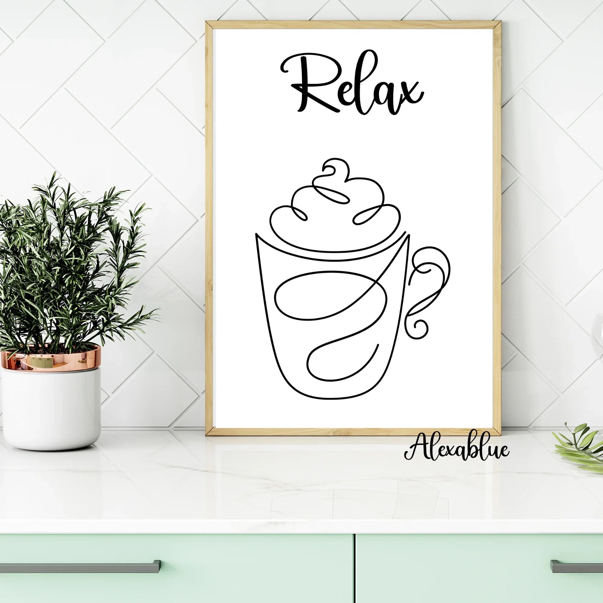 Relax coffee mug minimalist wall art on kitchen counter with potted plant decor