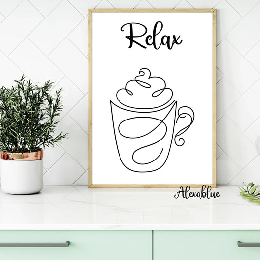 Relax coffee mug minimalist wall art on kitchen counter with potted plant decor