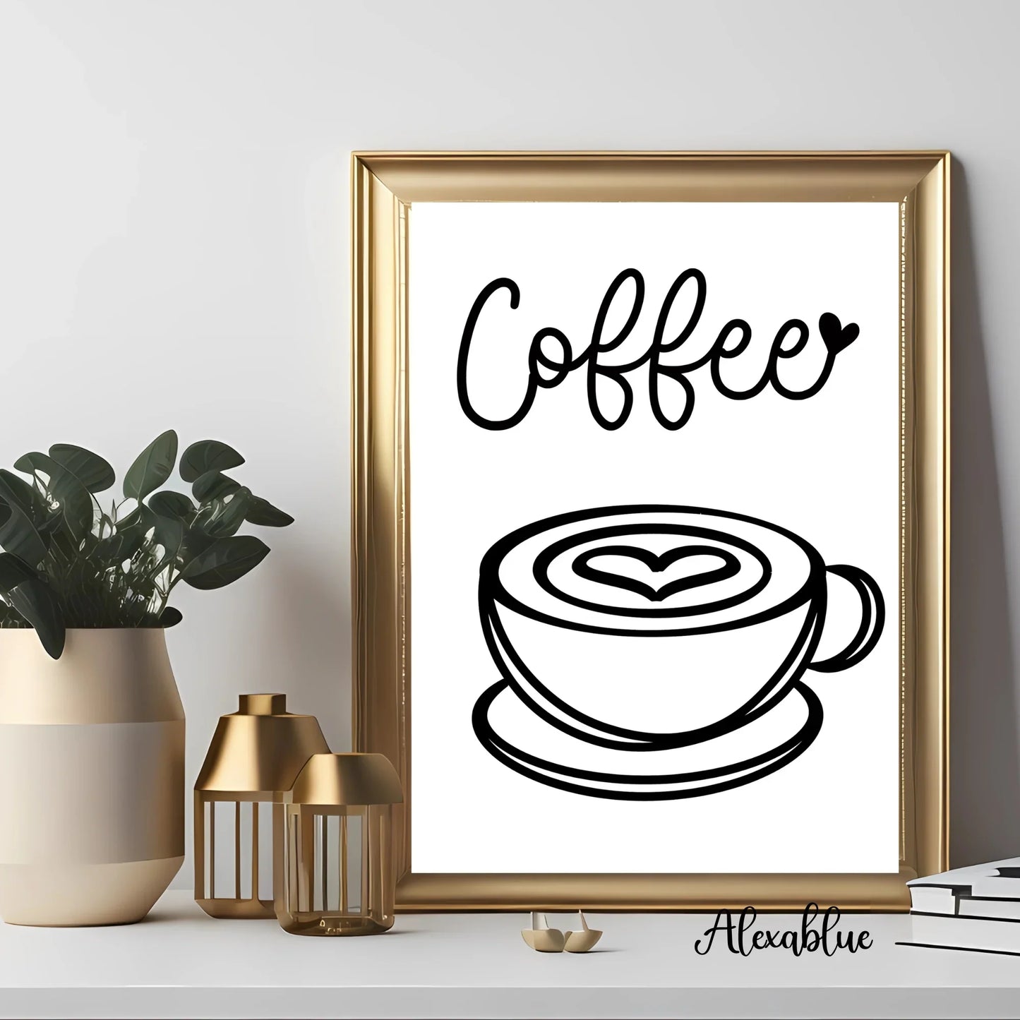 Framed coffee art print with heart latte design on modern home decor table with plant and candles