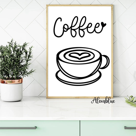 Minimalist coffee cup wall art with heart design, framed and styled on modern kitchen counter
