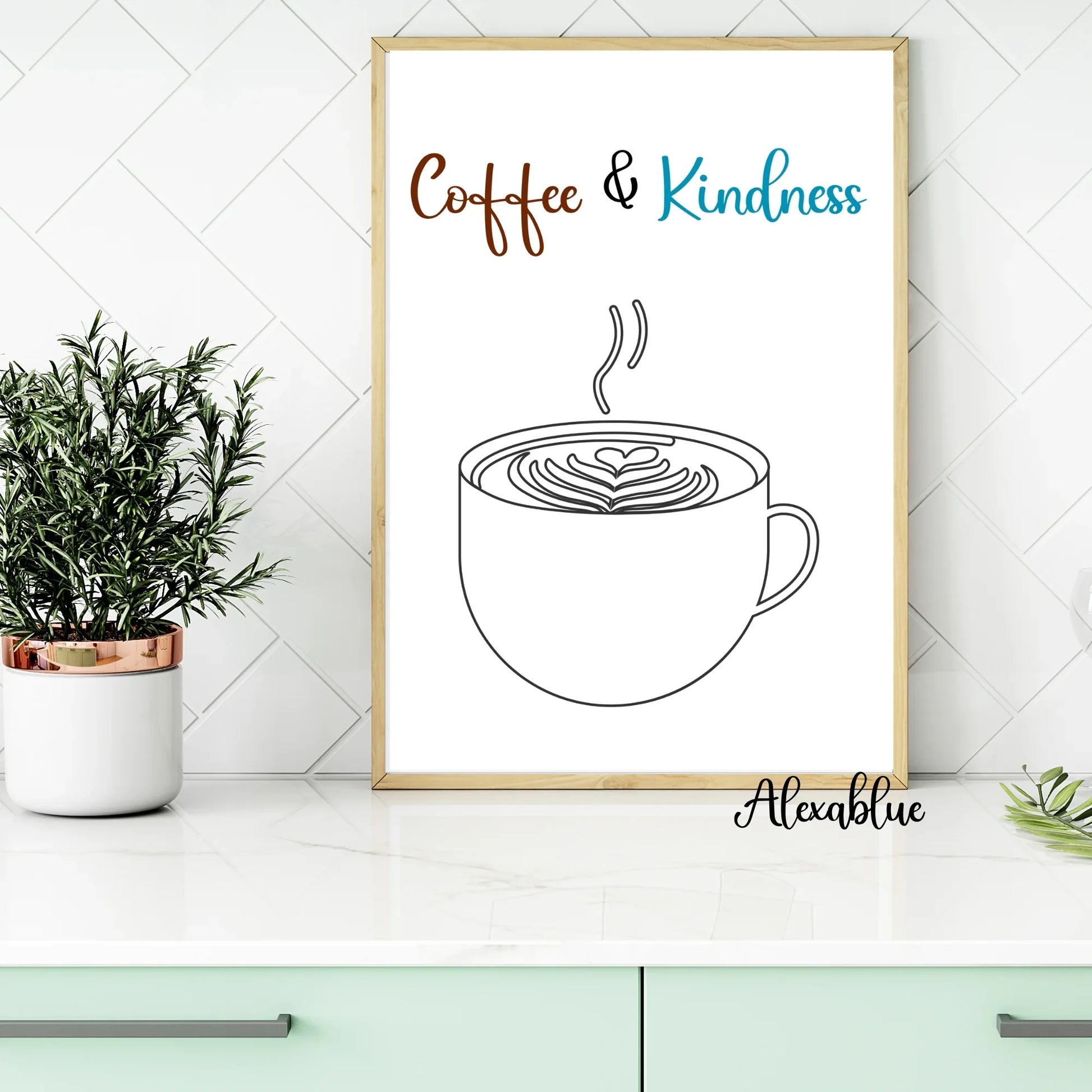 Modern kitchen decor with coffee quote wall art, latte art illustration, and plant on counter