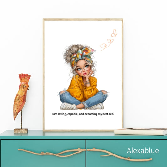 I Am Becoming My Best Self｜Girly Affirmation Poster｜Girl Illustration Interior Art
