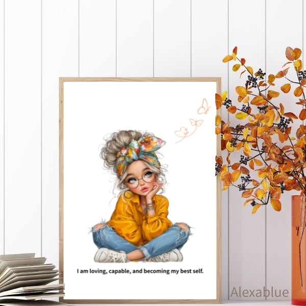 I Am Becoming My Best Self｜Girly Affirmation Poster｜Girl Illustration Interior Art
