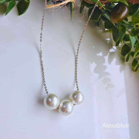 Holiday Pearl | Large Cotton Pearl 3-Stone Stainless Steel Necklace | Chic & Elegant, Perfect for Daily Wear & Parties