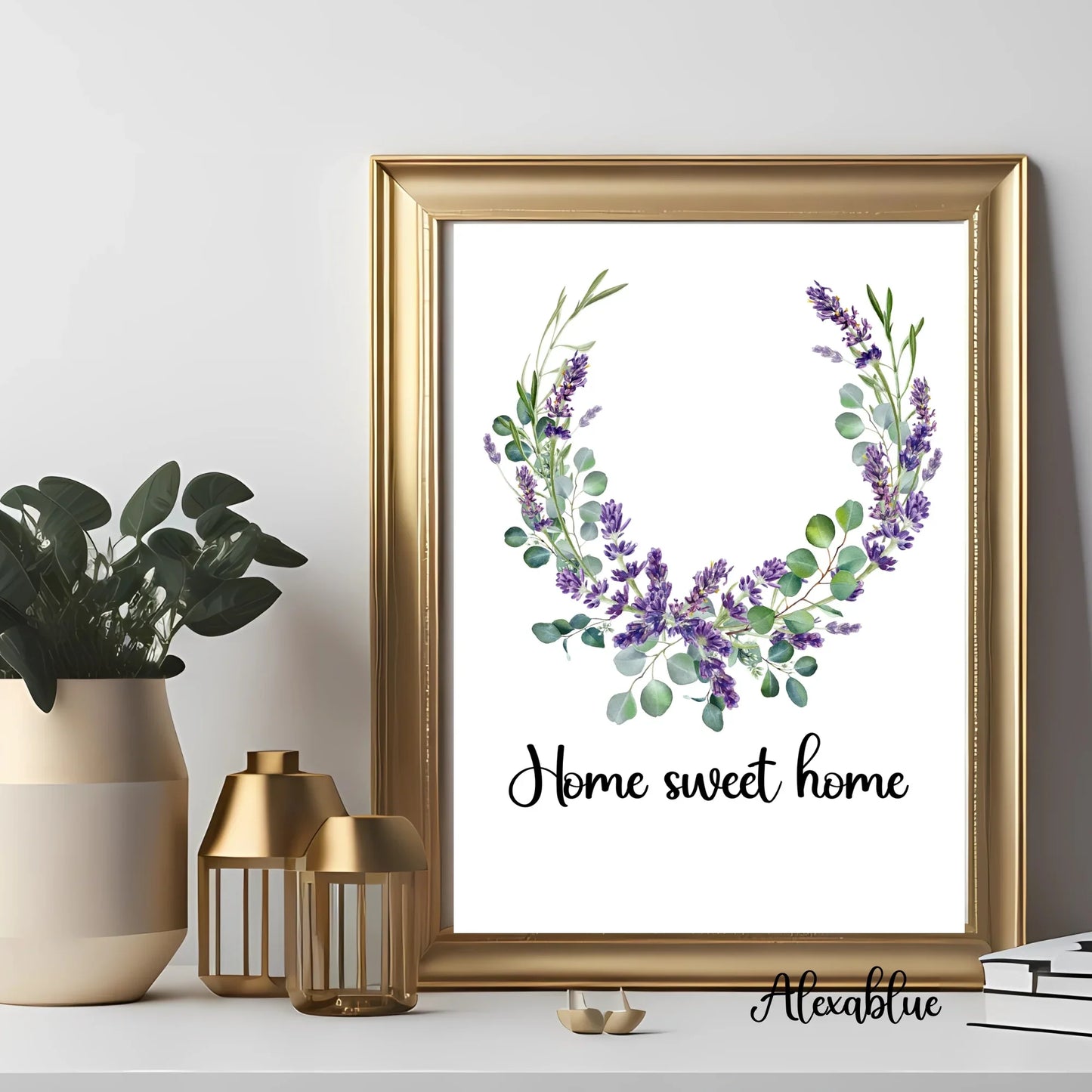 Framed floral wreath wall art with 'Home sweet home' text, modern home decor, gold accents