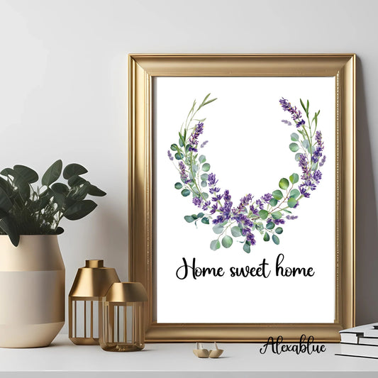 Framed floral wreath wall art with 'Home sweet home' text, modern home decor, gold accents