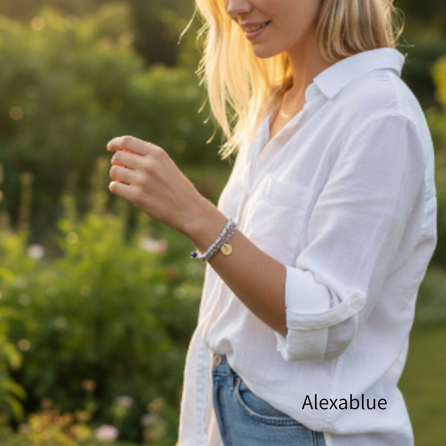 Howlite Pulse Chain Bracelet | Small Howlite x Stainless Steel Double Bracelet | Lapis Lazuli x Initial Charm of Your Choice