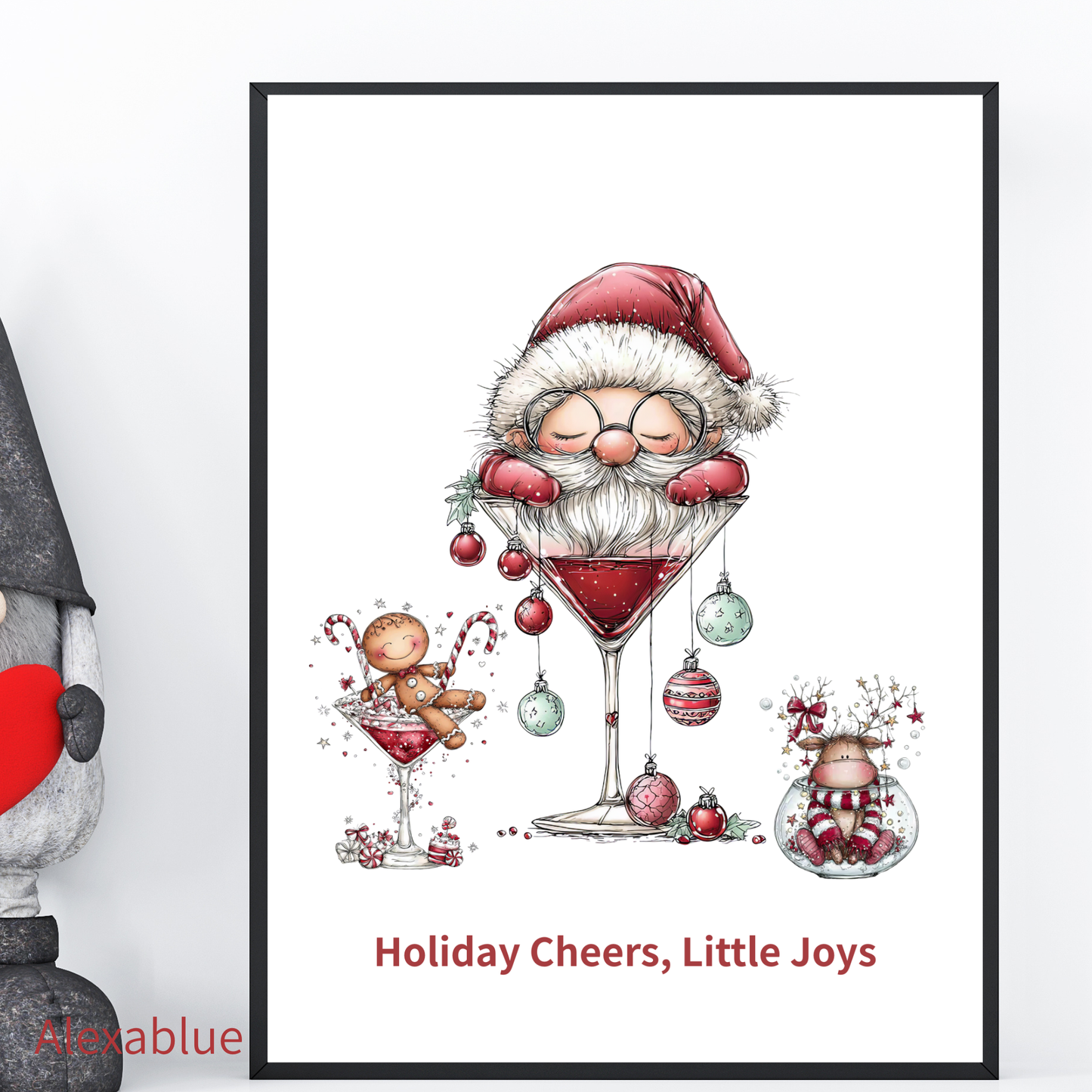 Holiday Cheers, Little Joys｜Holiday Interior Poster ~Wine Santa & Gingerbread Holiday Party Art~