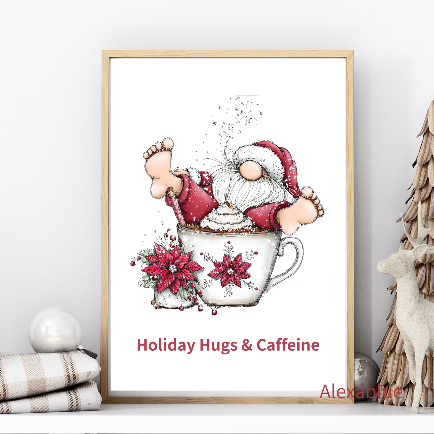 Holiday Hugs & Caffeine｜Sleepy Santa's Coffee Break Interior Poster ~For Holiday Decor, Cafe-Style Art, or a Christmas Gift~