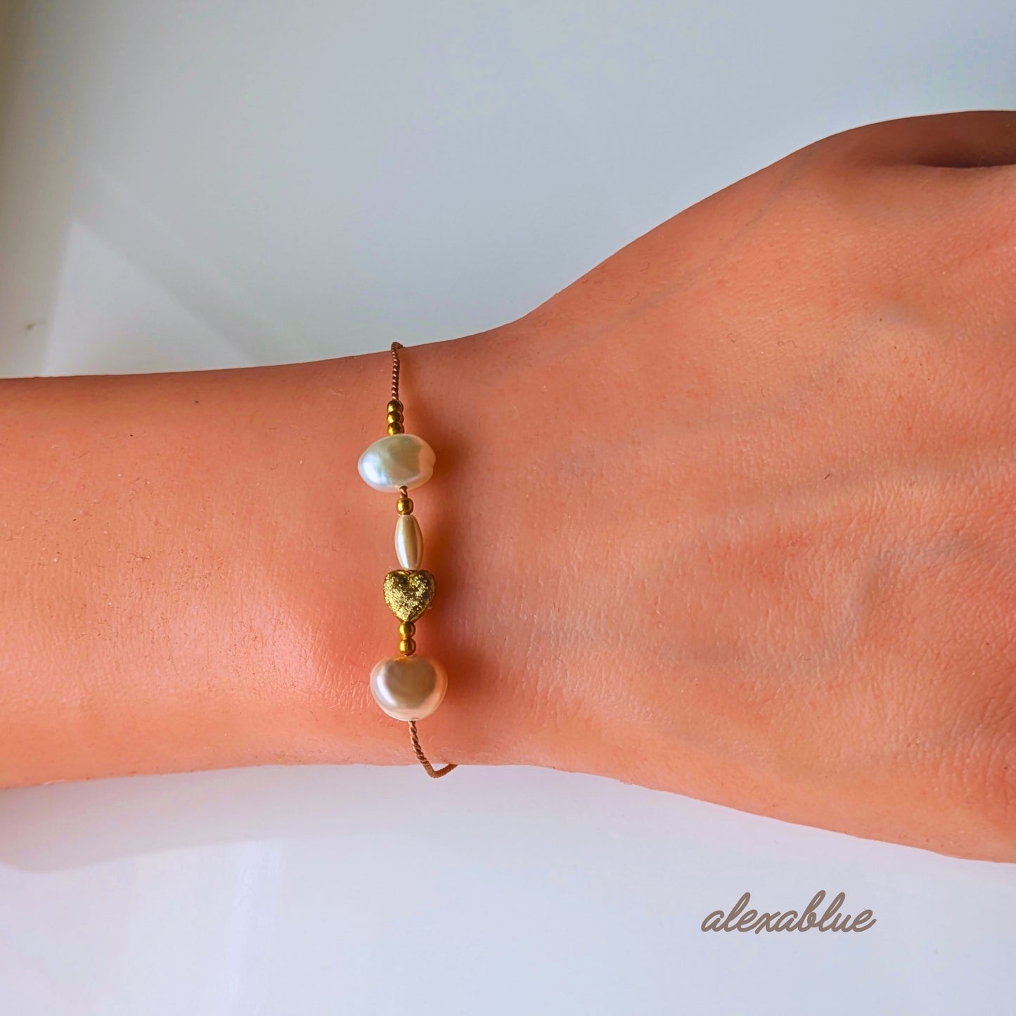 Gold Heart & Pearl Silk Cord Bracelet | Delicate and Adorable for Adults | Free Shipping | Free Gift Wrapping