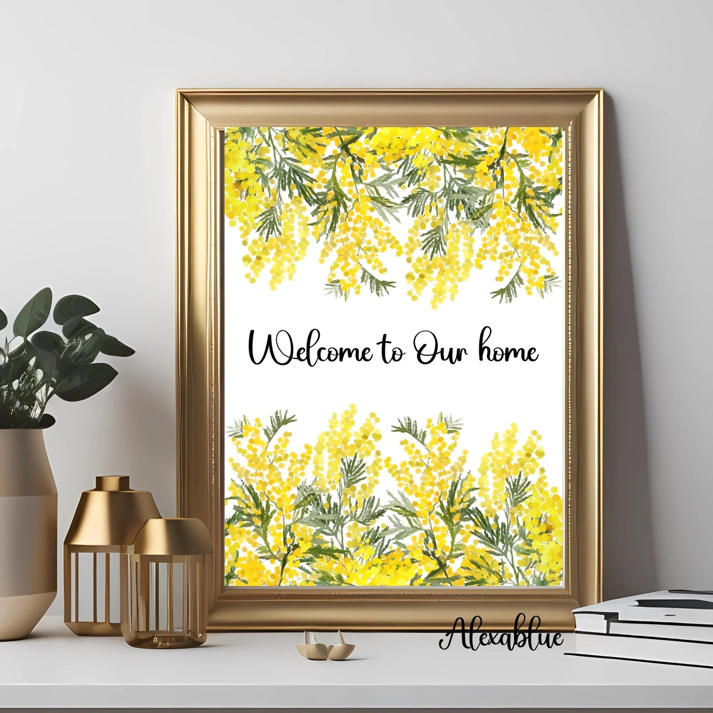 Gold-framed floral wall art with yellow mimosa, 'Welcome to Our home' text, home decor accents