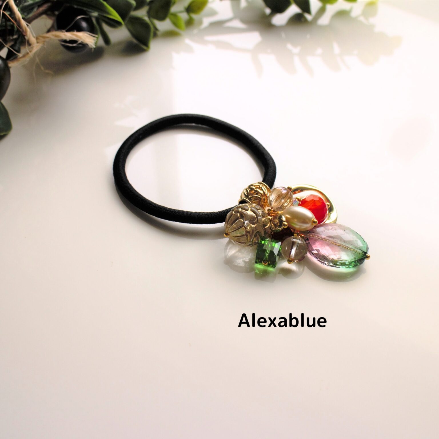 天然石＆オーロラビーズ ヘアアクセサリー カーネリアン コットン