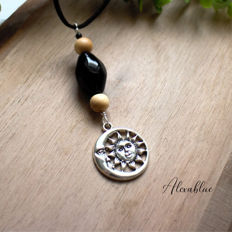 Black onyx Moon & Sun natural stone car rearview mirror hanging|オニキスのMoon&Sun天然石Carルームミラーハンギング 全体写真