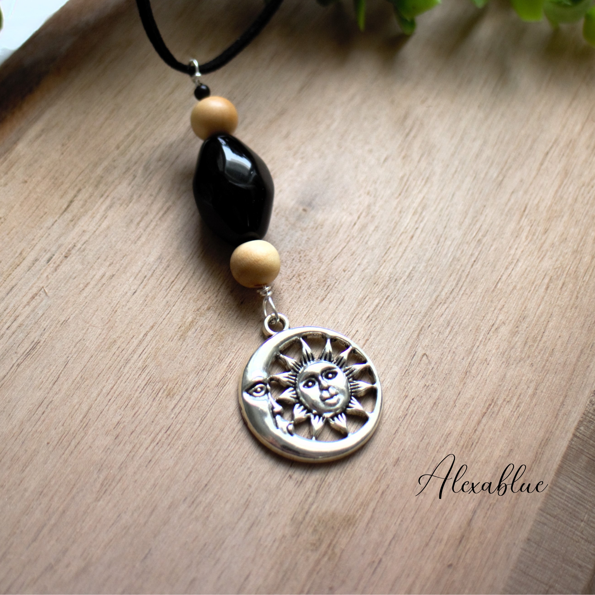 Black onyx Moon & Sun natural stone car rearview mirror hanging|オニキスのMoon&Sun天然石Carルームミラーハンギング 全体写真