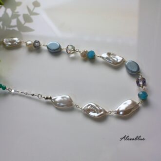 ペールブルー アマゾナイト ロングネックレス サージカルステンレスネックレス 天然石ネックレス