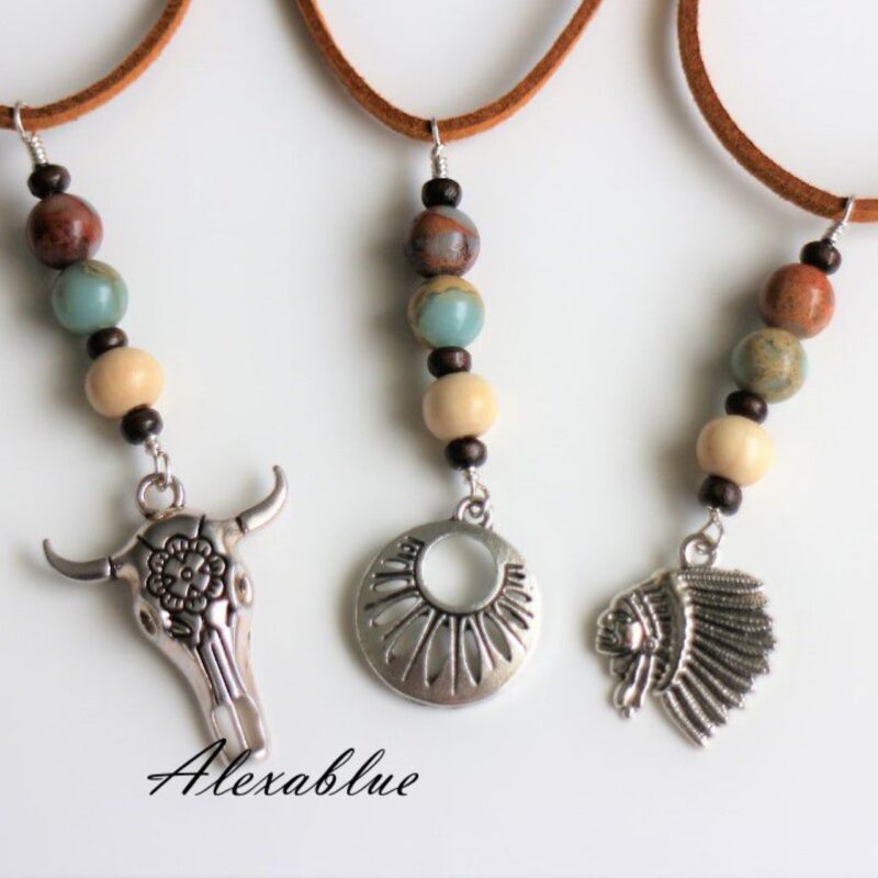 Impression Stone natural stone car rearview mirror hanging with black onyx and feather design|天然石ブラックオニキスとフェザーの車用ルームミラーハンギング 3種類の写真