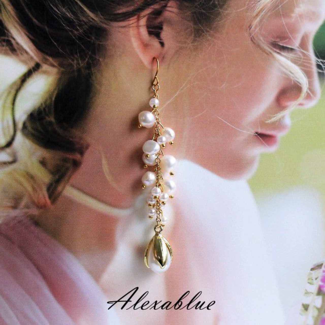 ウェディングアクセサリー チューリップ淡水パールイヤリング