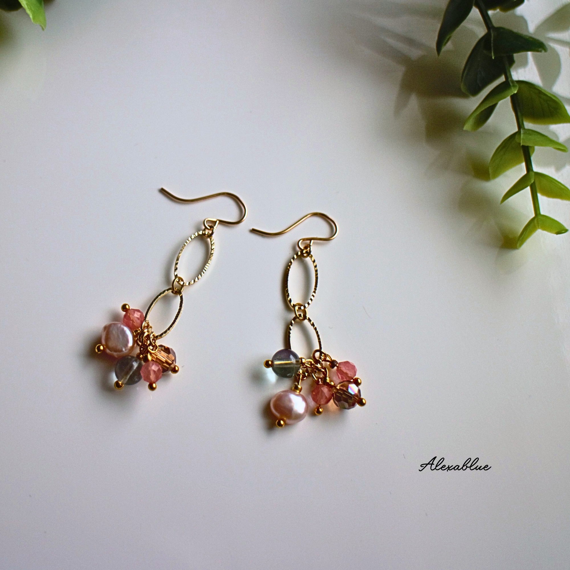 ストロベリークォーツ＆フローライトピアス K14GFピアス 天然石ピアス