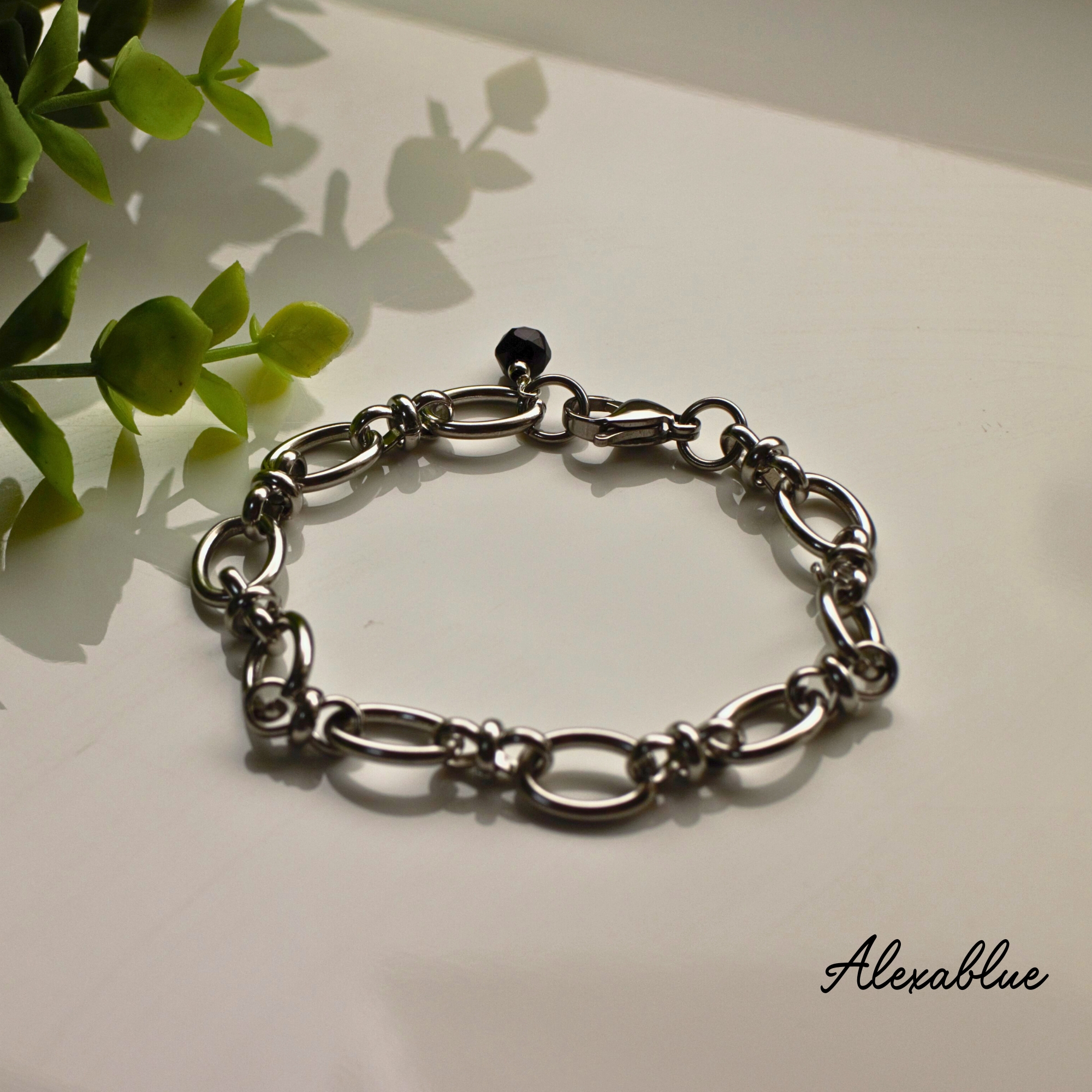 ユニセックス オニキス チェーンブレスレット 太めチェーン  天然石ブレスレット 8月誕生石