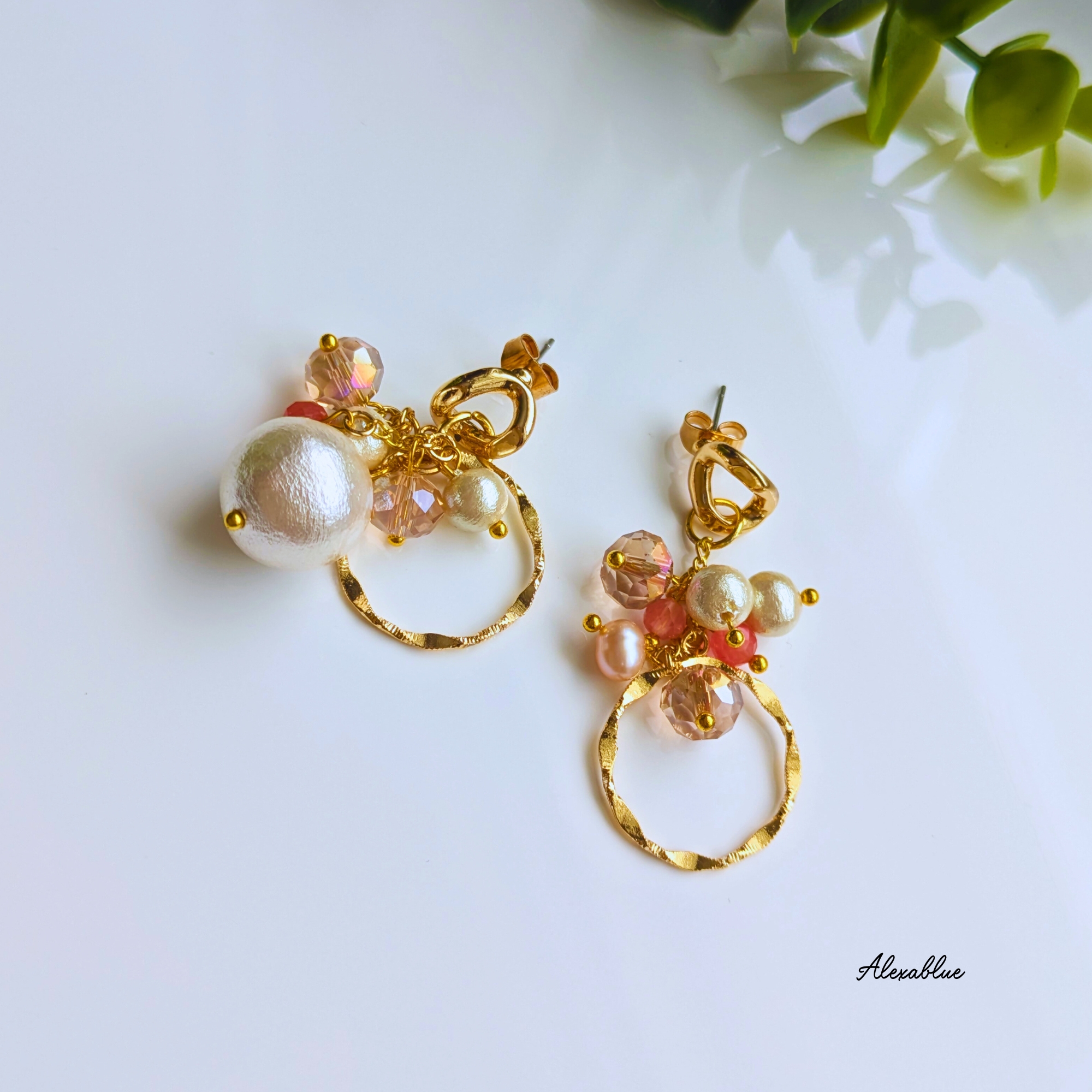 コットンパール＆ストロベリークォーツ アシンメトリーピアス 天然石ピアス