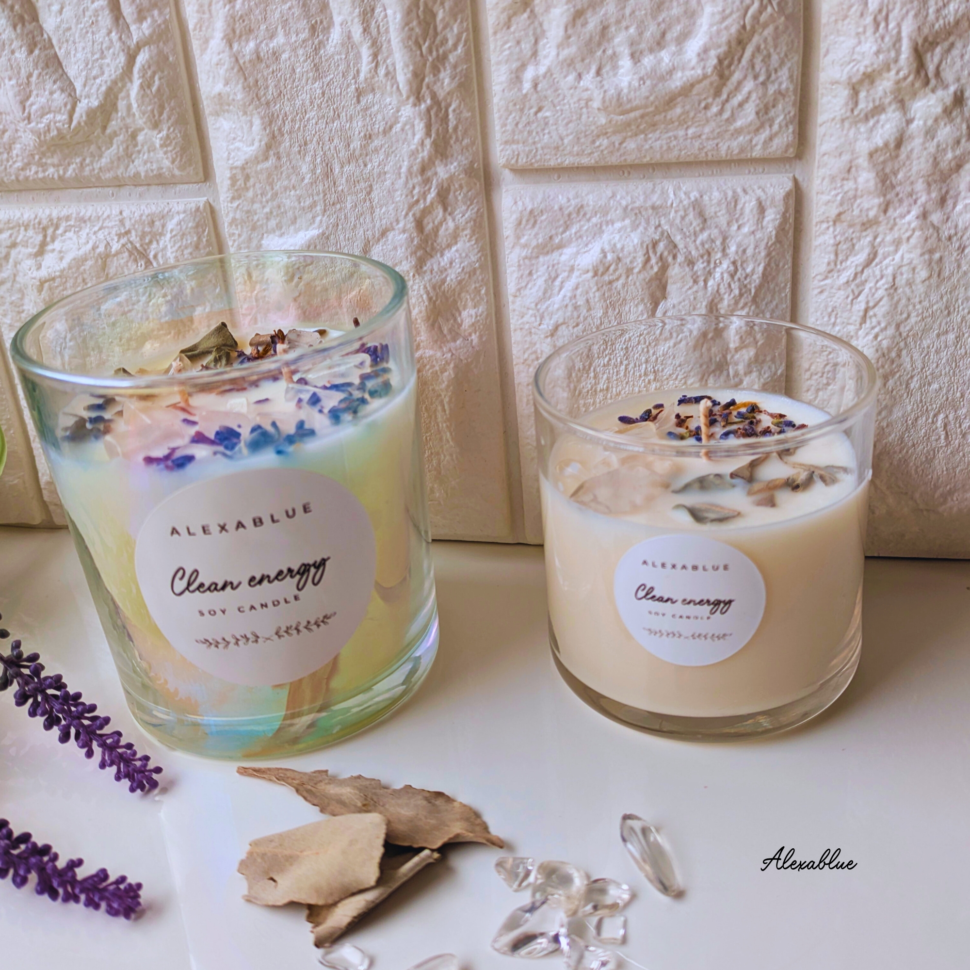 ホワイトセージ＆ラベンダークリスタルクォーツ アロマソイキャンドル 天然石キャンドル ボタニカルキャンドル